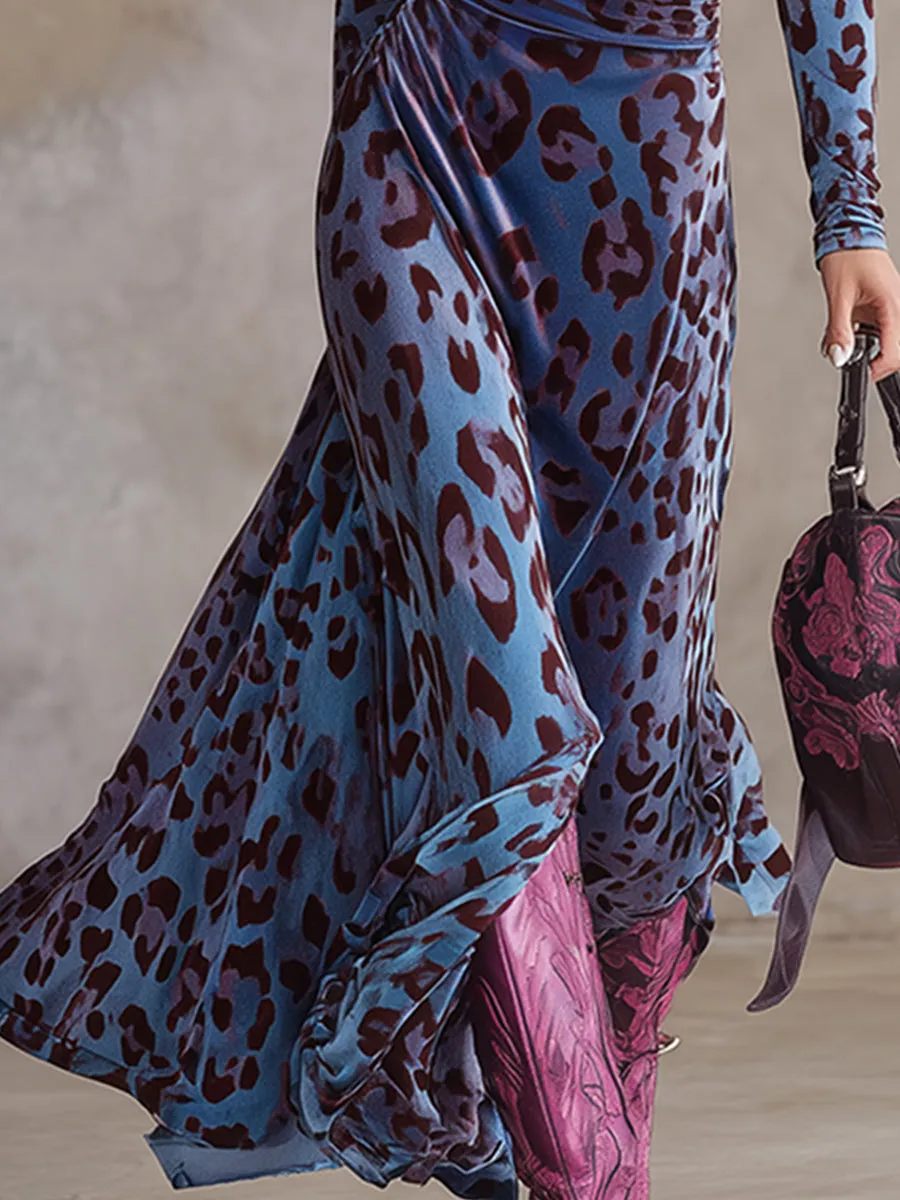 Stylish Urban Blue-Purple Leopard Print Stretch Velvet Maxi Dress sold by Oyrosy product image thumbnail 4