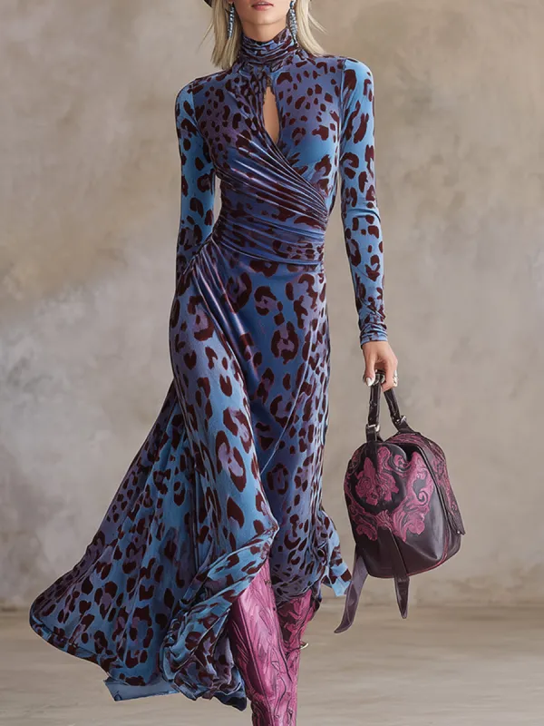Stylish Urban Blue-Purple Leopard Print Stretch Velvet Maxi Dress sold by Oyrosy