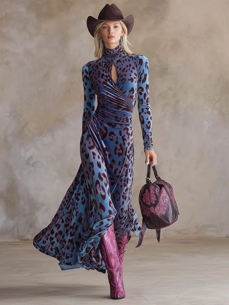 Stylish Urban Blue-Purple Leopard Print Stretch Velvet Maxi Dress sold by Oyrosy product image thumbnail 2