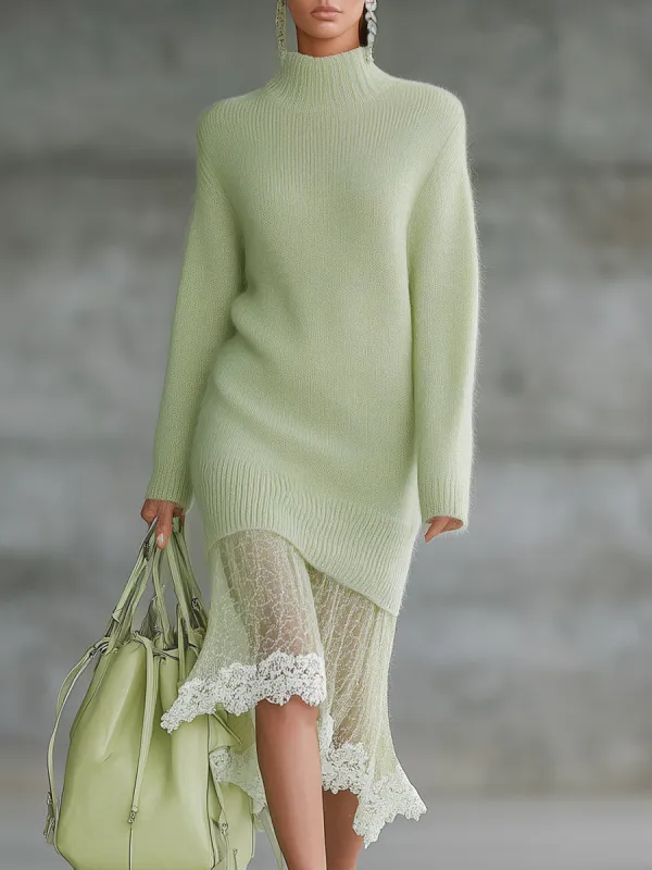 Elegant Green Knitted Round Neck Lace Midi Sweater Dress sold by Oyrosy
