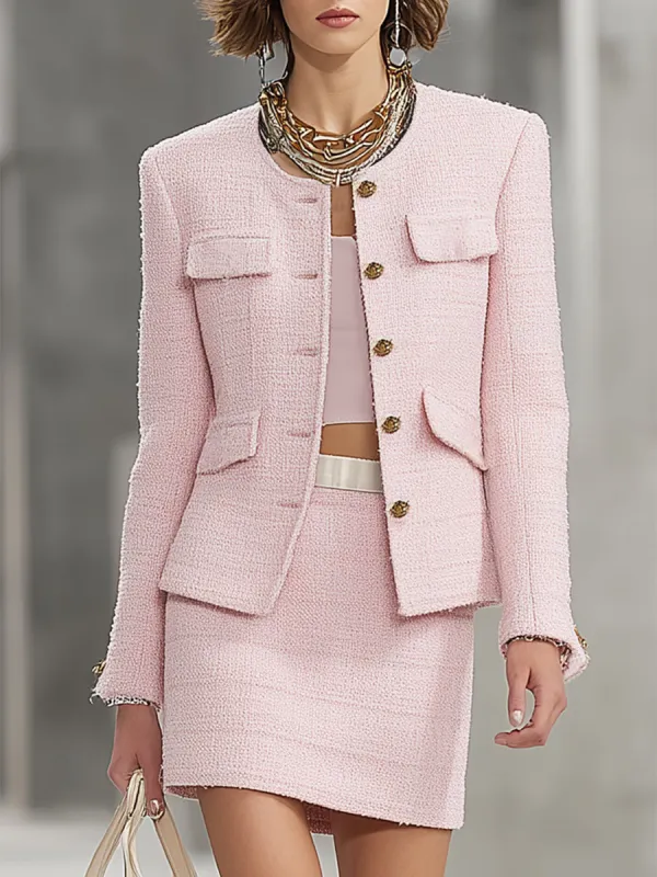 Pink Tweed Crew Neck Coat And Skirt Set sold by Oyrosy