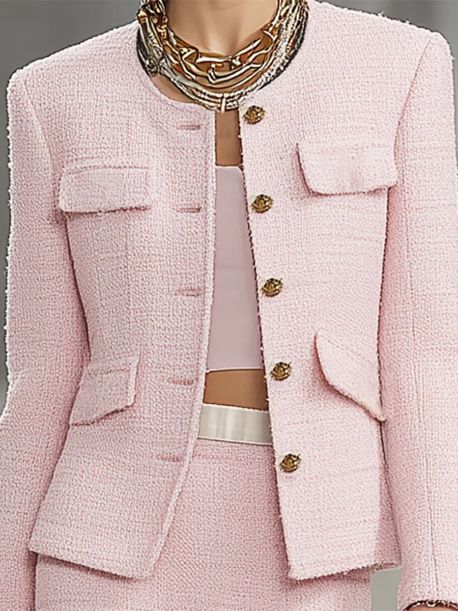 Pink Tweed Crew Neck Coat And Skirt Set sold by Oyrosy product image thumbnail 3