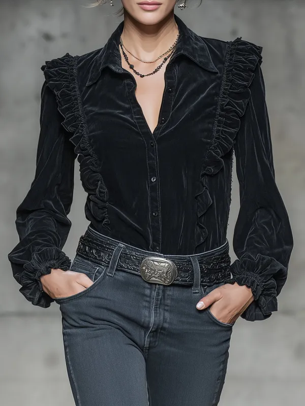 Stylish Black Faux Suede Long-sleeved With Ruffled Trim And Buttons Shirt sold by Oyrosy