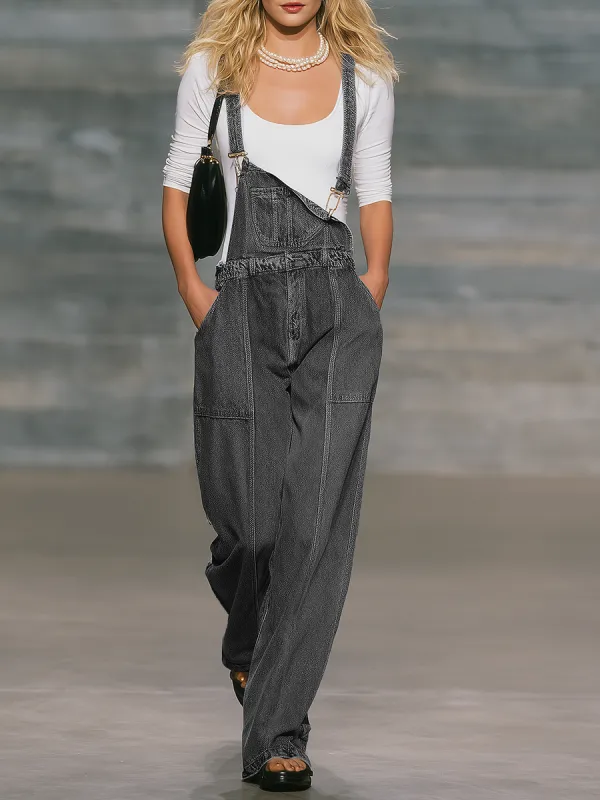 Loose-fitting Casual Wide-leg Gray Denim Overalls sold by Oyrosy