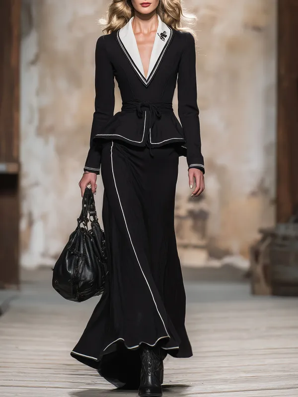 Simple And Stylish White Collared Black Jacket And Skirt Set sold by Oyrosy