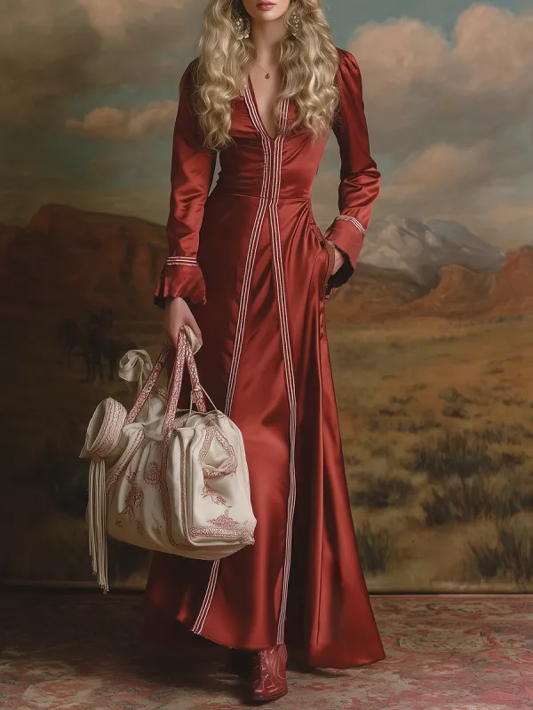 Romantic Western-style V-neck Red Satin Maxi Dress sold by Oyrosy
