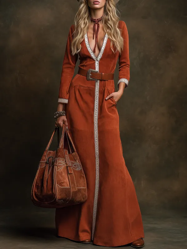 Minimalist Western-style V-neck White Suede Maxi Dress sold by Oyrosy