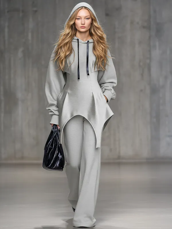 Trendy Sporty Grey Irregular Hem Hooded Sweatshirt And Pants Set sold by Oyrosy