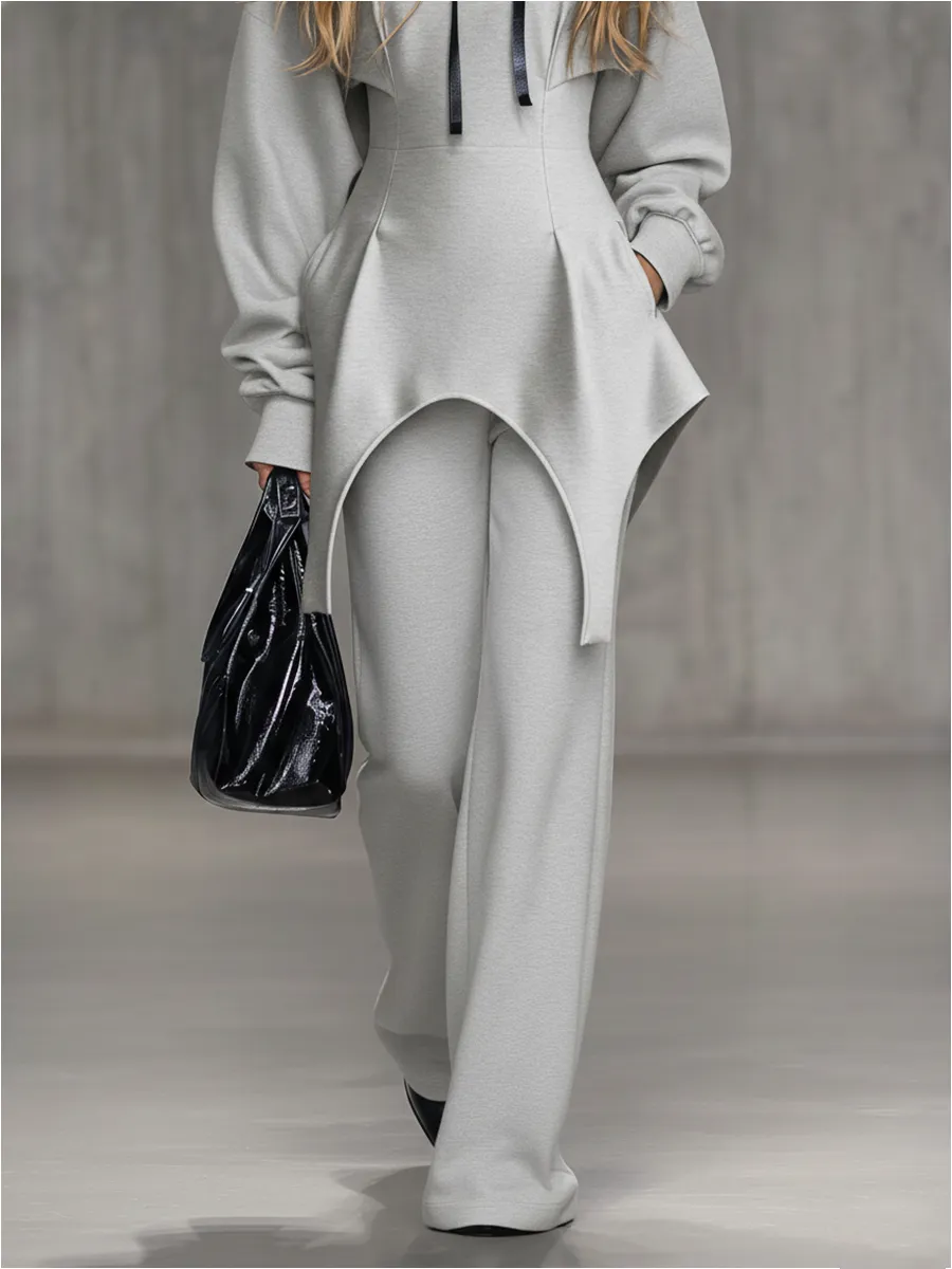 Trendy Sporty Grey Irregular Hem Hooded Sweatshirt And Pants Set sold by Oyrosy product image thumbnail 5