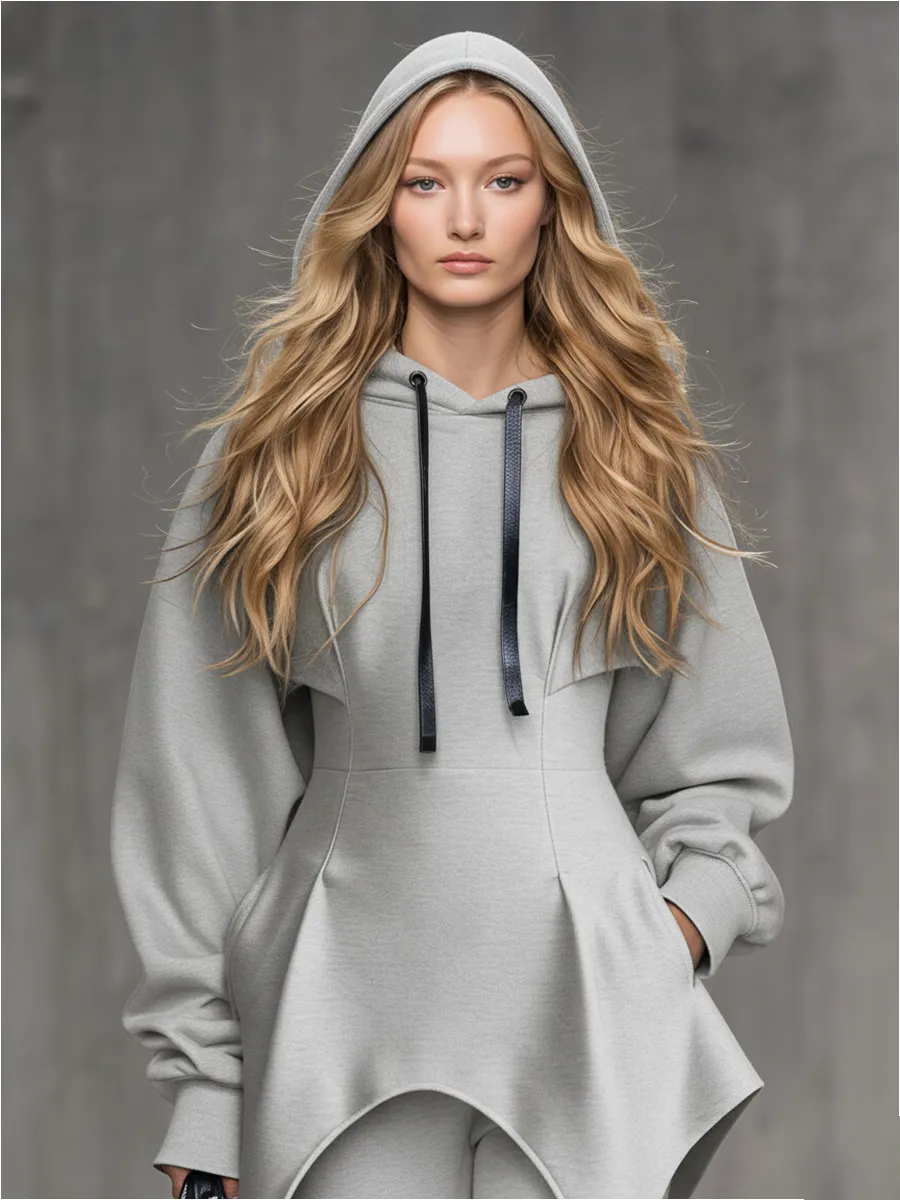 Trendy Sporty Grey Irregular Hem Hooded Sweatshirt And Pants Set sold by Oyrosy product image thumbnail 4