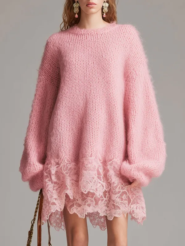 Trendy Retro Round Neck Long-sleeved Pink Long-haired Knit Lace Mini Dress sold by Oyrosy