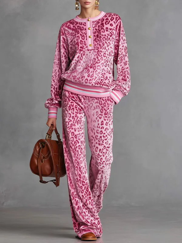 Casual Sporty Retro Pink Velvet Leopard Print Sweatshirt And Wide-Leg Pants Set sold by Oyrosy
