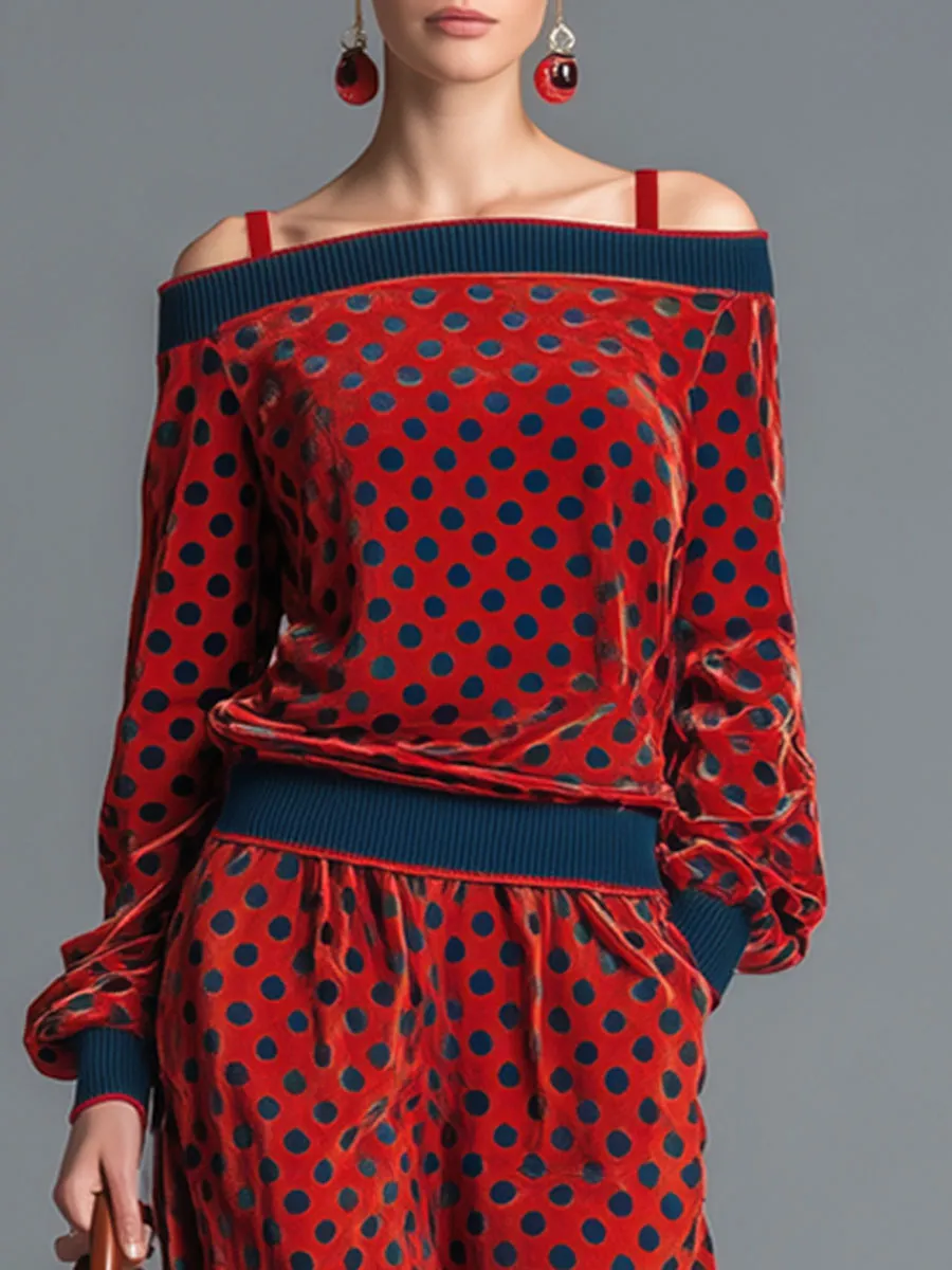 Sporty Retro Red Velvet Polka Dot Off-Shoulder Sweatshirt And Skirt Set sold by Oyrosy product image thumbnail 3