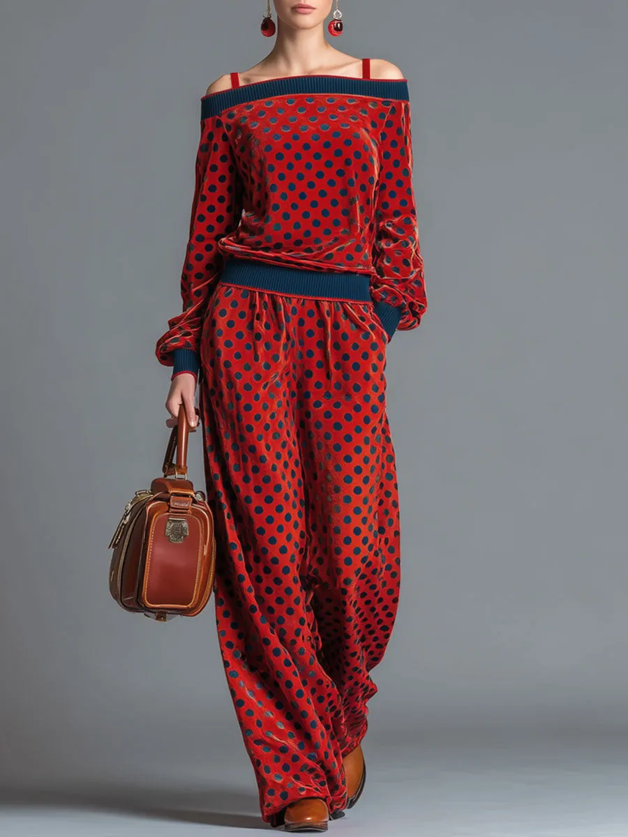 Sporty Retro Red Velvet Polka Dot Off-Shoulder Sweatshirt And Skirt Set sold by Oyrosy