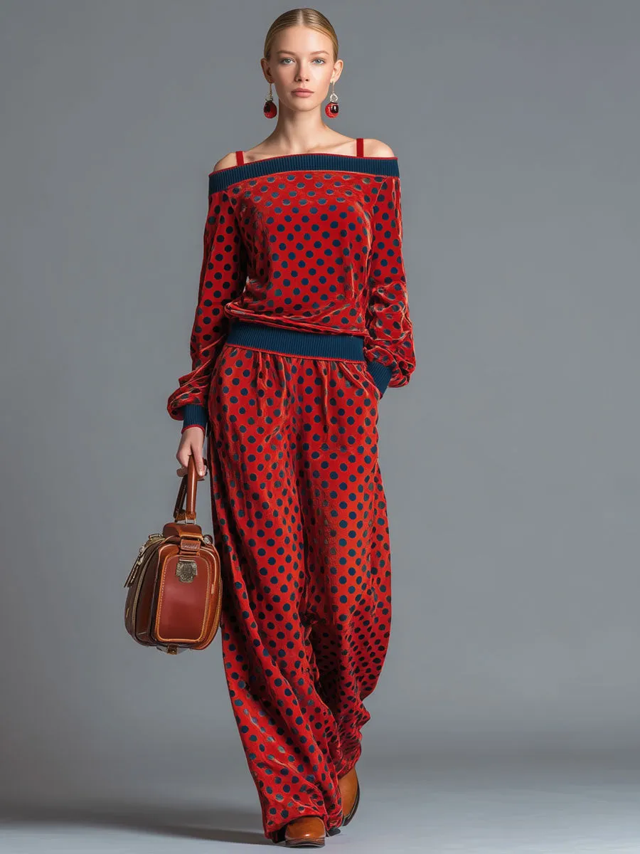 Sporty Retro Red Velvet Polka Dot Off-Shoulder Sweatshirt And Skirt Set sold by Oyrosy product image thumbnail 2