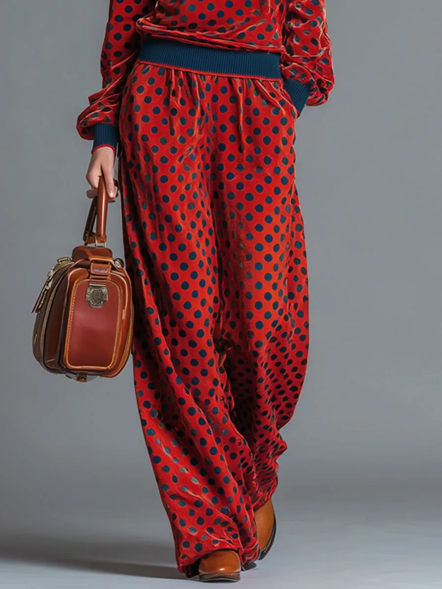 Sporty Retro Red Velvet Polka Dot Off-Shoulder Sweatshirt And Skirt Set sold by Oyrosy product image thumbnail 4