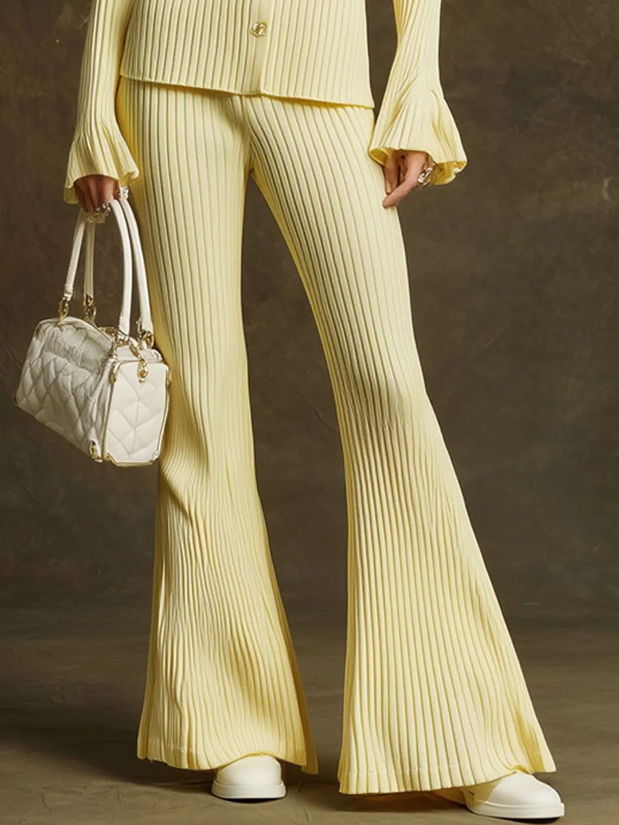 Trendy Retro Pale Yellow Long-sleeved Knit Cardigan And Flared Pants Set sold by Oyrosy product image thumbnail 4