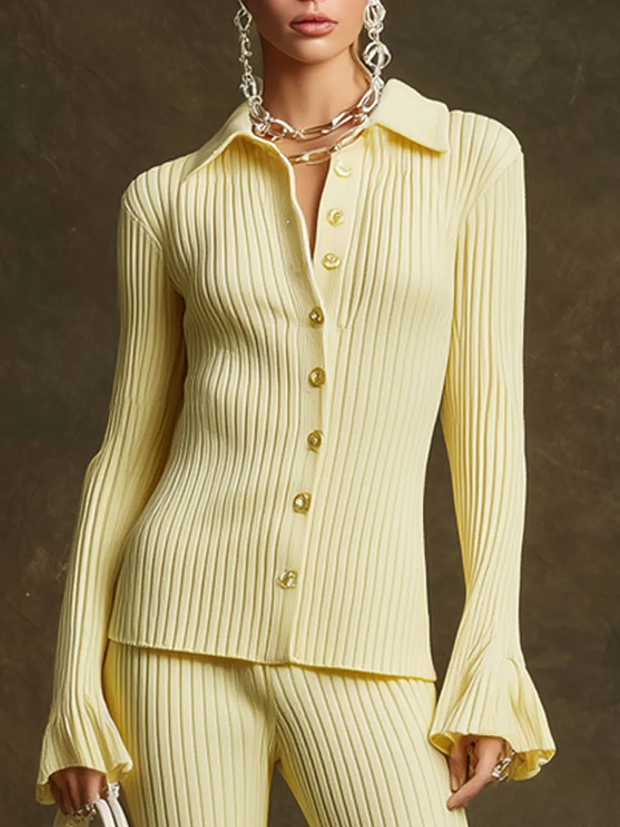 Trendy Retro Pale Yellow Long-sleeved Knit Cardigan And Flared Pants Set sold by Oyrosy product image thumbnail 3