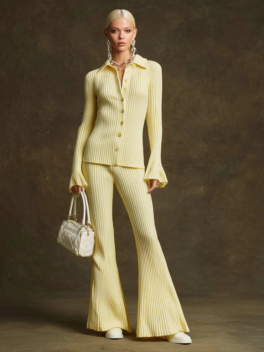Trendy Retro Pale Yellow Long-sleeved Knit Cardigan And Flared Pants Set sold by Oyrosy product image thumbnail 2