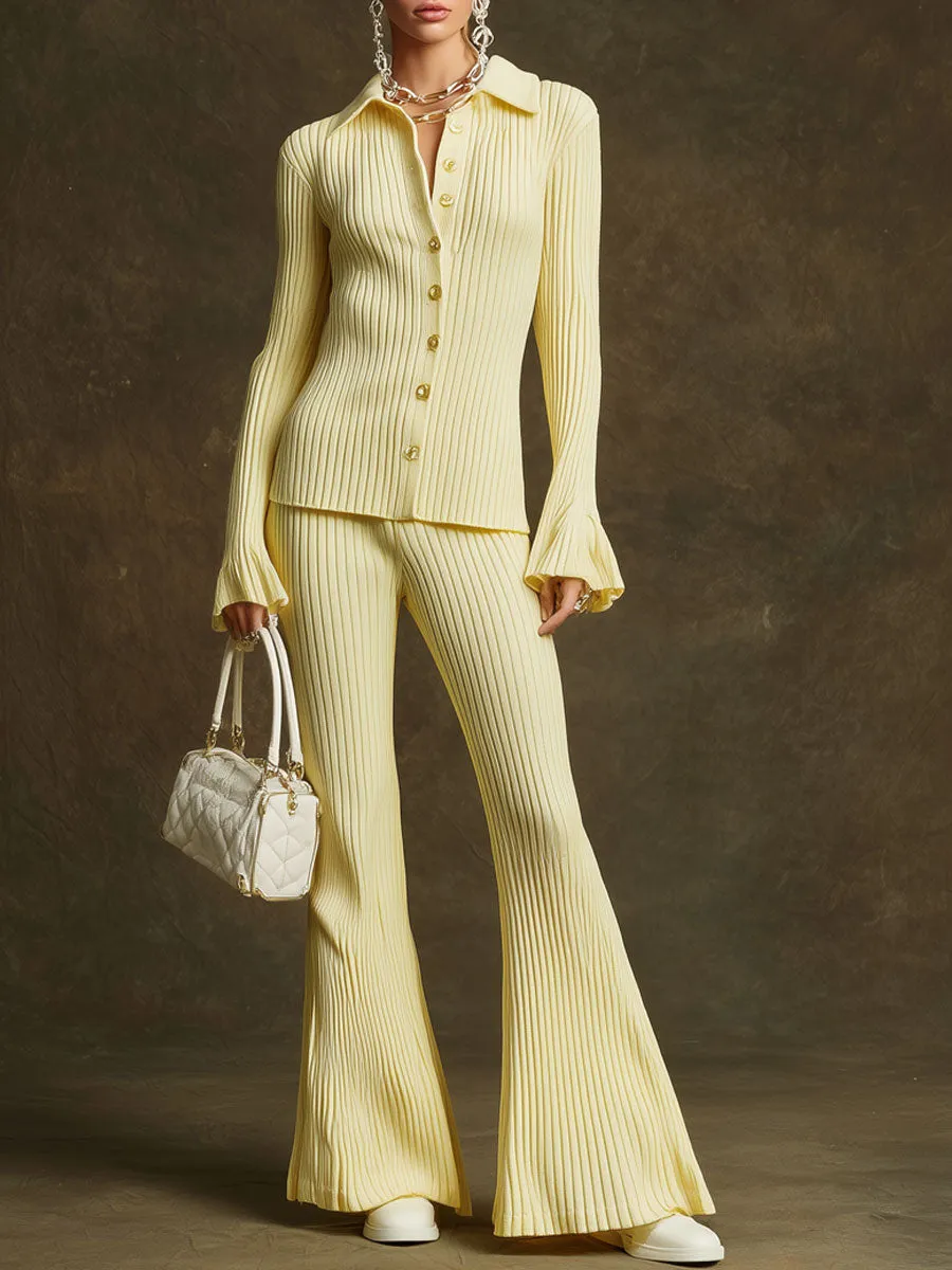 Trendy Retro Pale Yellow Long-sleeved Knit Cardigan And Flared Pants Set sold by Oyrosy