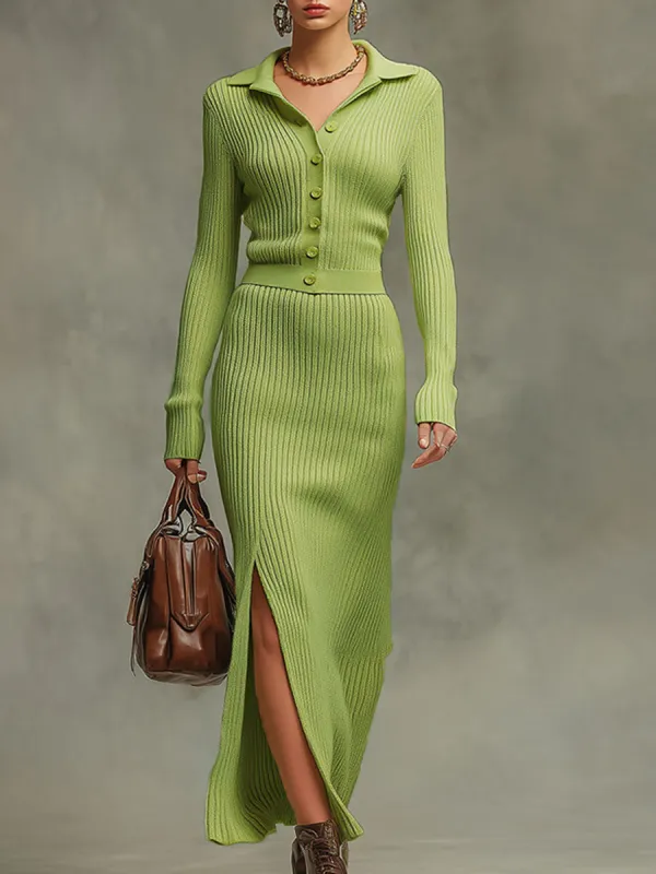 Trendy Retro Yellow-green Long-sleeved Knit Cardigan And Slit Skirt Set sold by Oyrosy