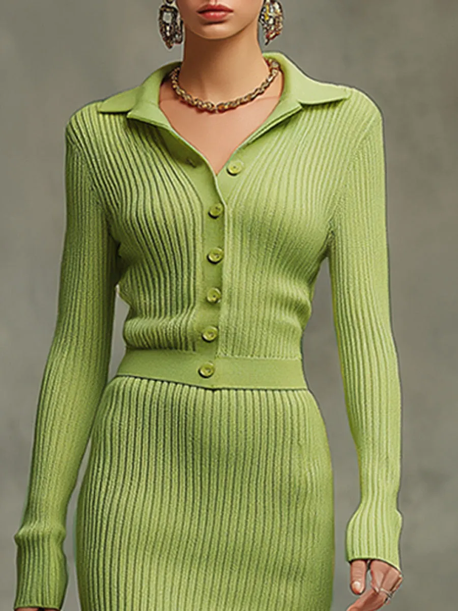 Trendy Retro Yellow-green Long-sleeved Knit Cardigan And Slit Skirt Set sold by Oyrosy product image thumbnail 4