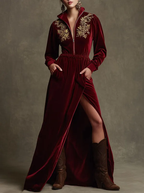Trendy Retro Half-zip Long-sleeved Embroidered Deep Red Velvet Slit Maxi Dress sold by Oyrosy