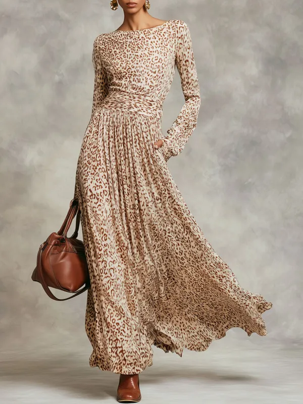 Elegant Retro Long-sleeved Champagne Leopard Print Maxi Dress sold by Oyrosy