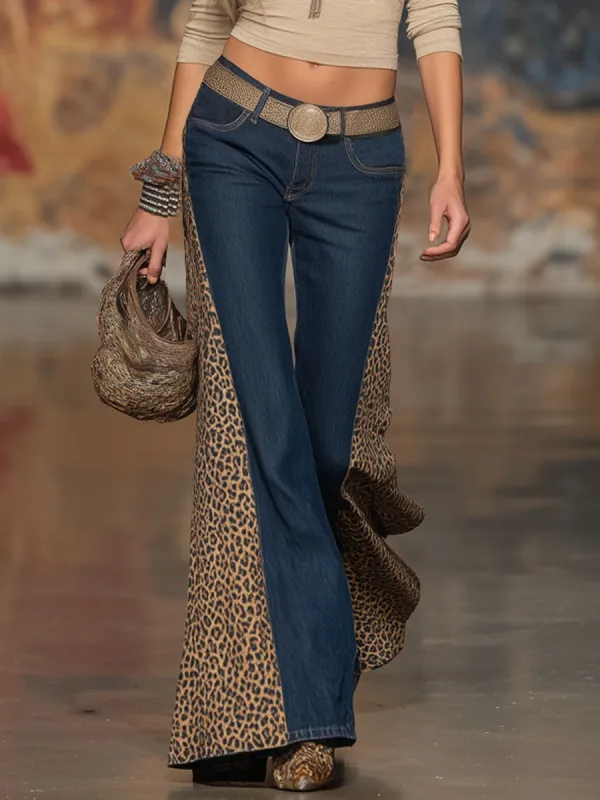 Retro Leopard Print Patchwork Denim Flared Pants sold by Oyrosy