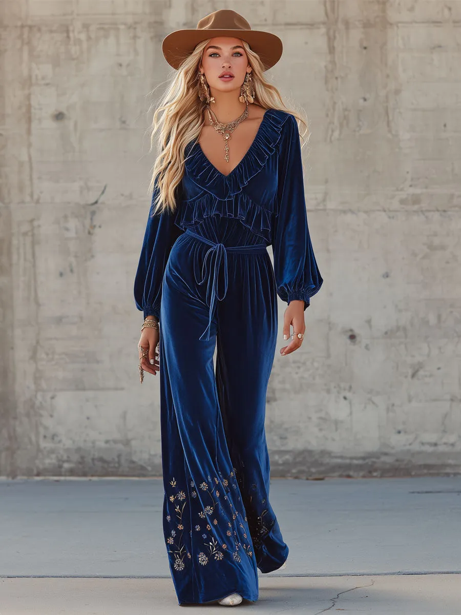 Western-style V-neck Ruffled Floral Embroidered Velvet Jumpsuit sold by Oyrosy product image thumbnail 4