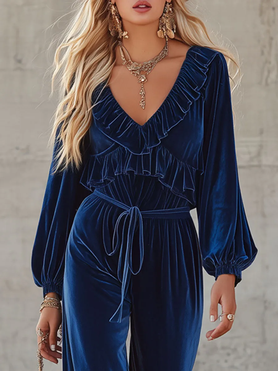 Western-style V-neck Ruffled Floral Embroidered Velvet Jumpsuit sold by Oyrosy product image thumbnail 2