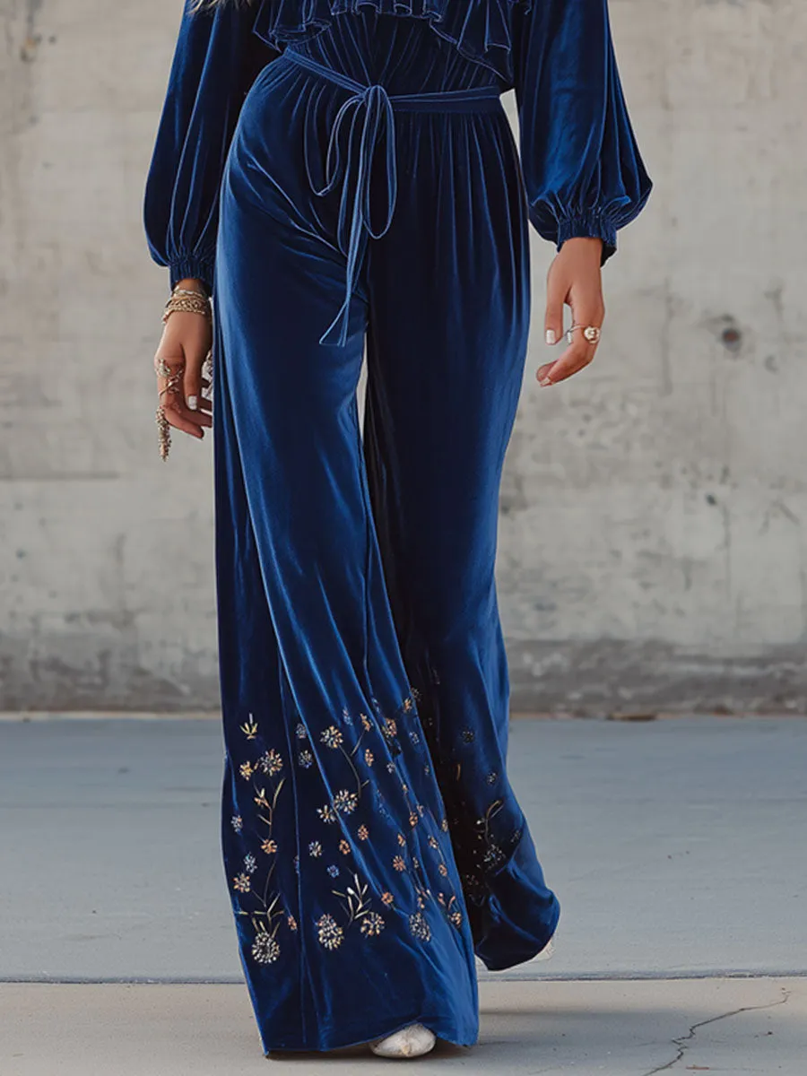 Western-style V-neck Ruffled Floral Embroidered Velvet Jumpsuit sold by Oyrosy product image thumbnail 3