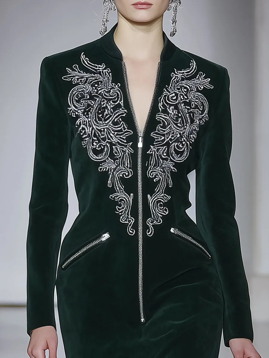 Western-style Casual Dark Green Faux Suede Embroidered Tassel Midi Dress sold by Oyrosy product image thumbnail 3