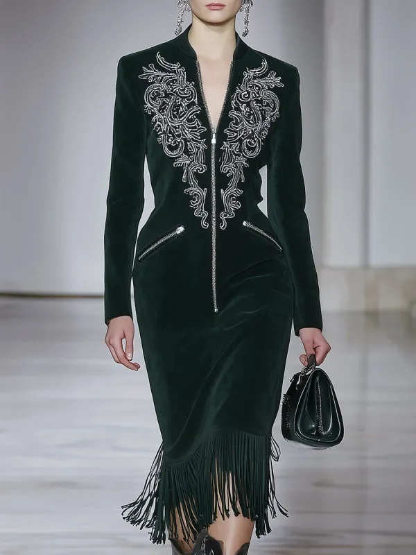 Western-style Casual Dark Green Faux Suede Embroidered Tassel Midi Dress sold by Oyrosy