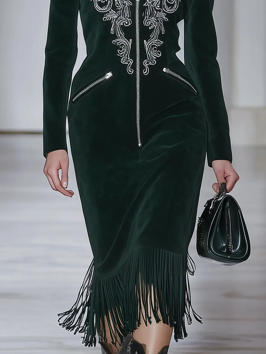 Western-style Casual Dark Green Faux Suede Embroidered Tassel Midi Dress sold by Oyrosy product image thumbnail 4