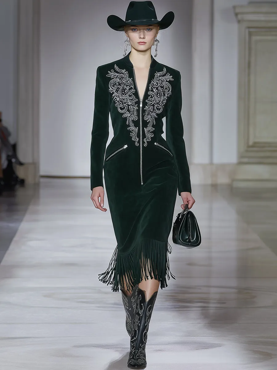 Western-style Casual Dark Green Faux Suede Embroidered Tassel Midi Dress sold by Oyrosy product image thumbnail 2