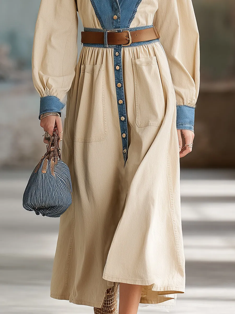 Western-style Beige Cotton Patchwork Denim Maxi Dress sold by Oyrosy product image thumbnail 4