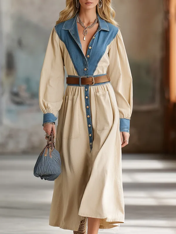 Western-style Beige Cotton Patchwork Denim Maxi Dress sold by Oyrosy