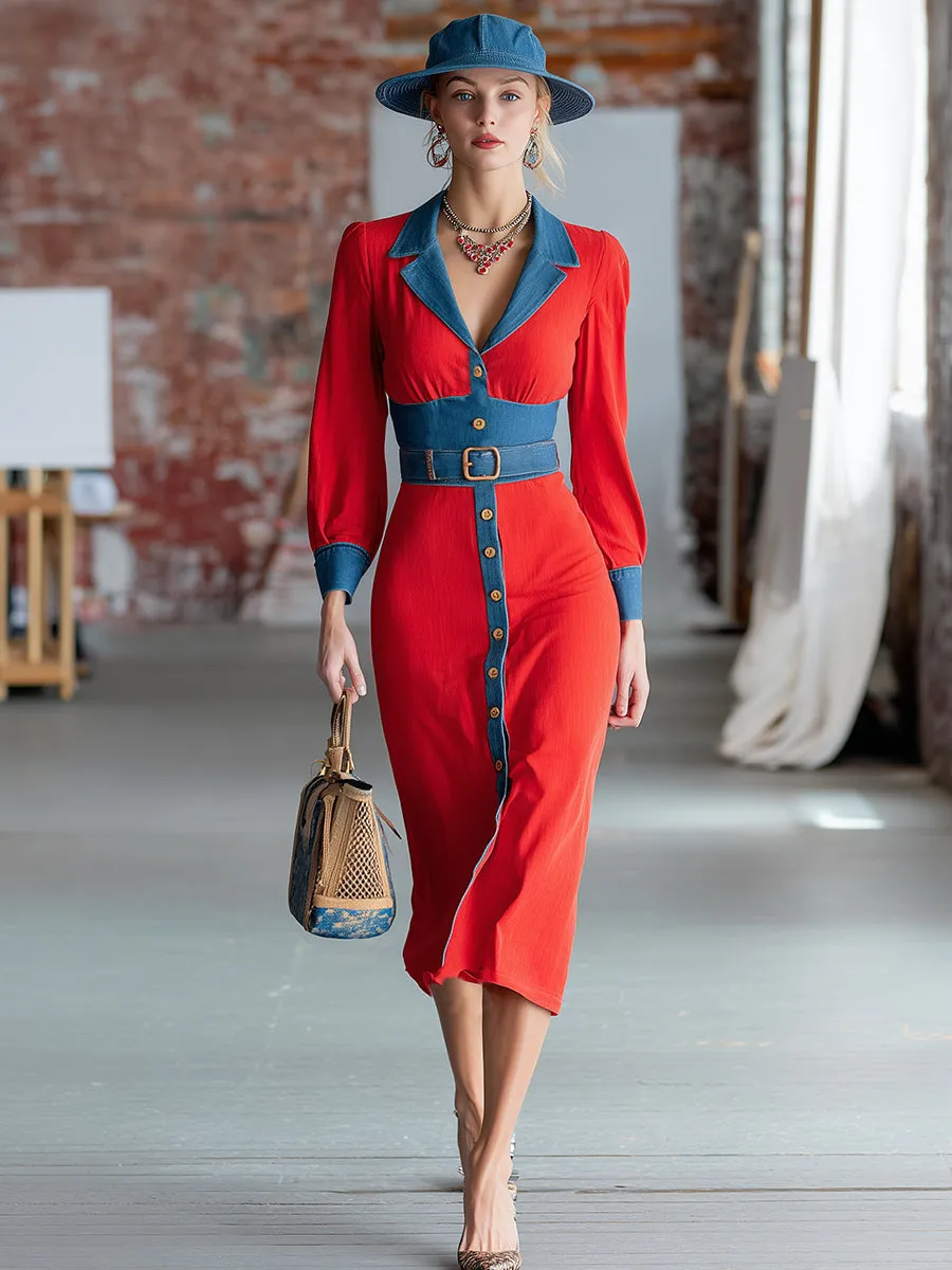 Casual Western Red Patchwork Denim Midi Dress sold by Oyrosy product image thumbnail 2