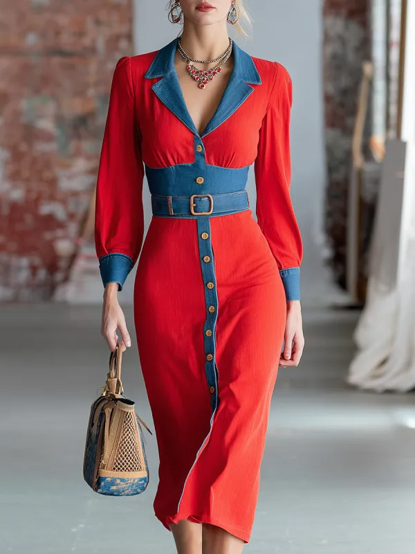 Casual Western Red Patchwork Denim Midi Dress sold by Oyrosy
