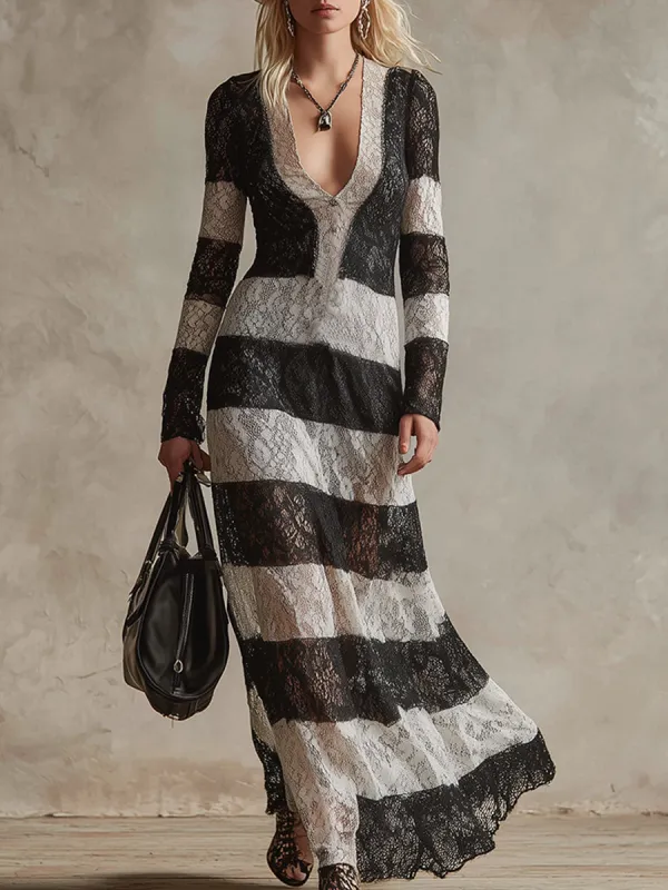 Chic Retro Black And White Lace Striped Maxi Dress sold by Oyrosy