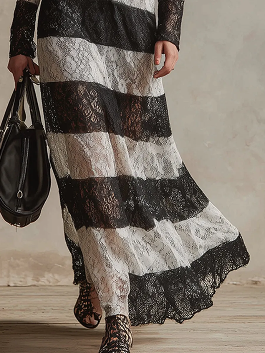 Chic Retro Black And White Lace Striped Maxi Dress sold by Oyrosy product image thumbnail 4