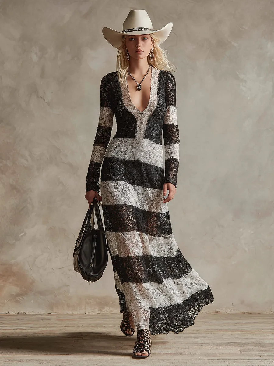 Chic Retro Black And White Lace Striped Maxi Dress sold by Oyrosy product image thumbnail 2