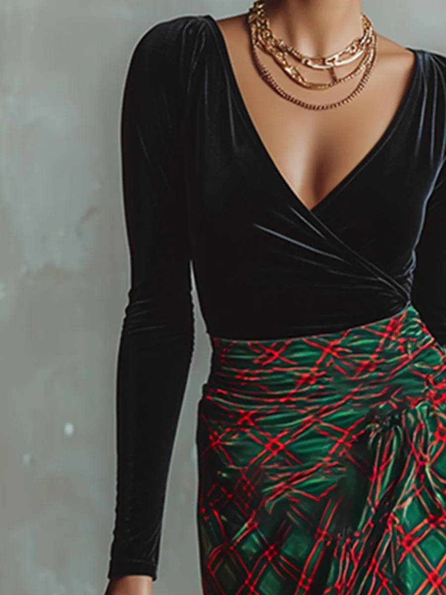 Retro Elegant Plaid Print Black Velvet Maxi Dress sold by Oyrosy product image thumbnail 3