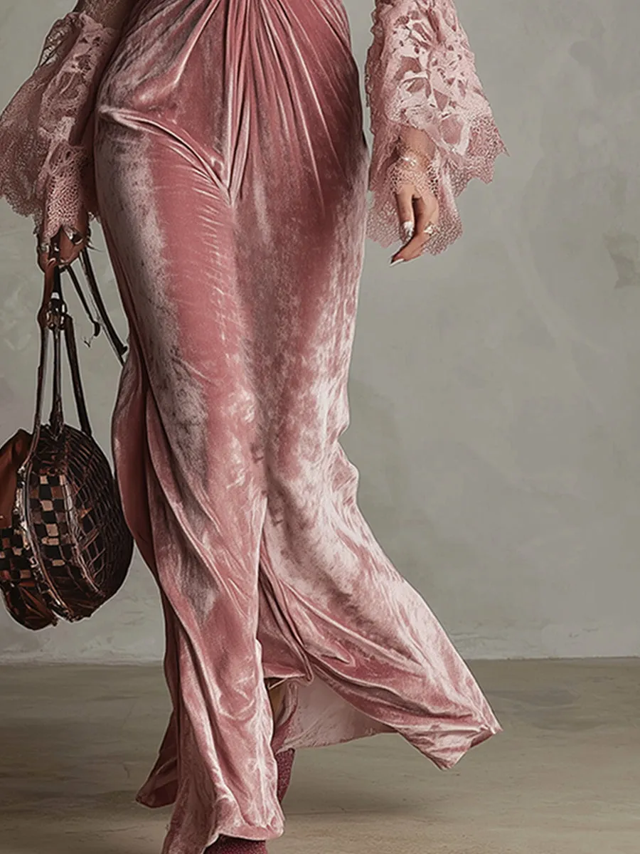 Delicate Pink Velvet Lace Long-sleeved Maxi Dress sold by Oyrosy product image thumbnail 4