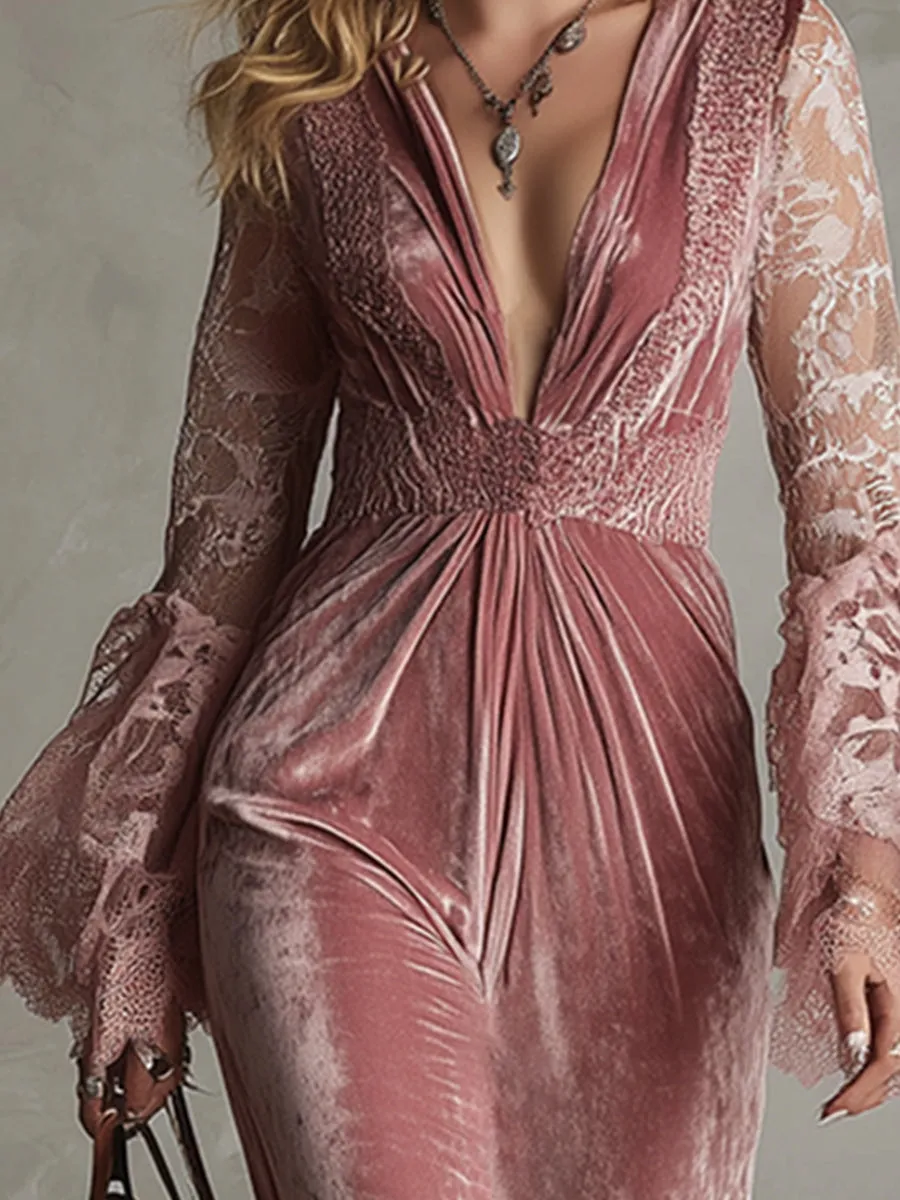Delicate Pink Velvet Lace Long-sleeved Maxi Dress sold by Oyrosy product image thumbnail 3