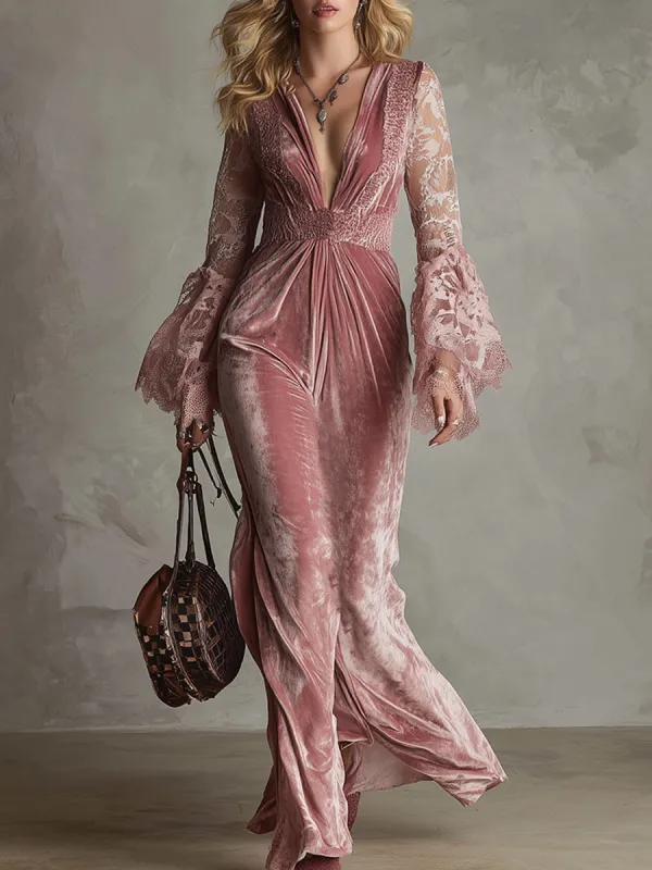 Delicate Pink Velvet Lace Long-sleeved Maxi Dress sold by Oyrosy