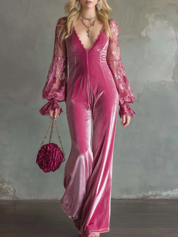 Elegant And Eye-catching Bright Pink Velvet Lace Long-sleeved Loose Jumpsuit sold by Oyrosy