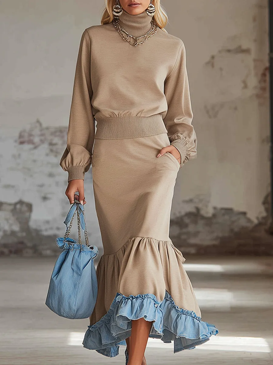 Trendy Urban Sporty Beige Sweatshirt With Denim Trim Maxi Dress sold by Oyrosy