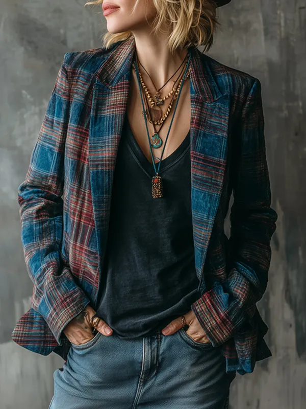 Retro Navy Blue And Red Plaid Velvet Loose Blazer sold by Oyrosy